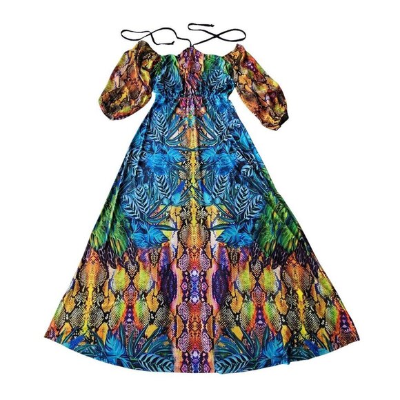 VENUS Maxi Dress Bright Colorful Tropical Print Off Shoulder Boho Flowy Long S - Picture 5 of 15